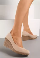 Czółenka - Beżowe Czółenka na Koturnie Ozdobionym Błyszczącą Plecionką ze Skórzaną Wkładką Gasia - miniaturka - grafika 1