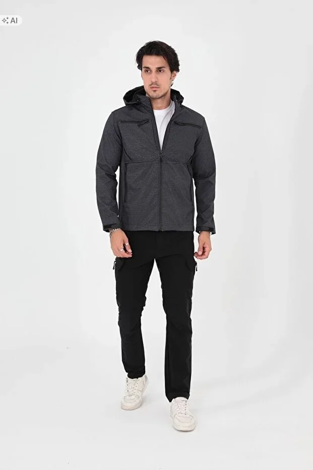 MĘSKA KURTKA SOFTSHELL MELANŻOWA Z KAPTUREM SPORTOWA M 5IA