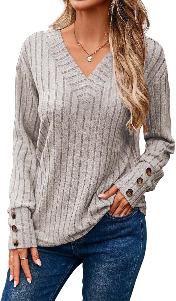 Dokotoo Sweter Damski z Długim Rękawem Dekolt w Serek Elegancki Szary XL