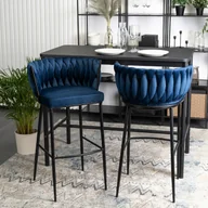 Taborety i hokery - Krzesło Barowe Tapicerowane Plecione Hoker FLORES Granatowe Welurowe Nowoczesne Loft - miniaturka - grafika 1
