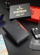 Portfele - Portfel Męski Skórzany STEVENS Ochrona RFID Czarny + Czerwony Nowoczesny - miniaturka - grafika 1