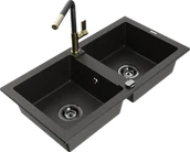 Zlewozmywaki z baterią - Mexen Mario zlewozmywak granitowy 2-komorowy z baterią kuchenną Flora, czarny/złoty metalik - 6504-75-670401-57-B - miniaturka - grafika 1