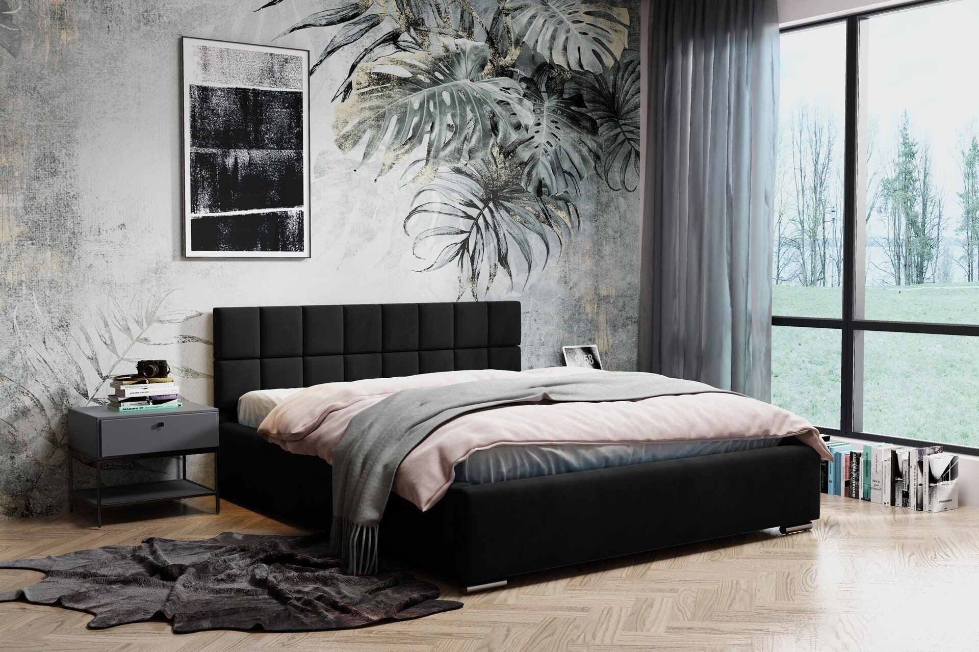 Łóżko tapicerowane Dream z zagłówkiem, 120x200 cm, łóżko podwójne z podstawą łóżka i drewnianą ramą z listew, tkanina welurowa: czarna