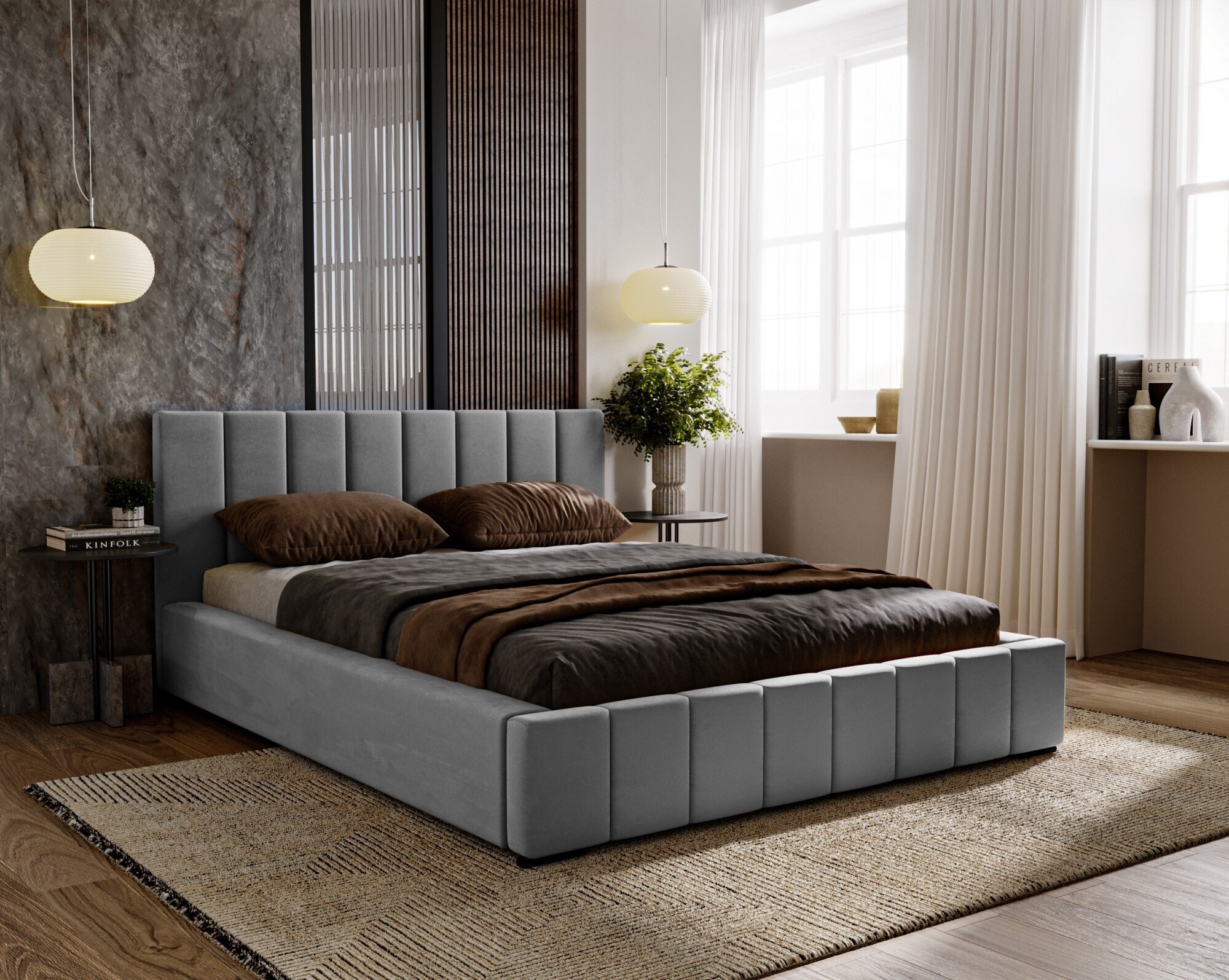 Łóżko tapicerowane Nero z materacem piankowym SELEKT, 200x200 cm, łóżko podwójne z podstawą łóżka i drewnianą ramą z listew, tkanina welurowa: szary