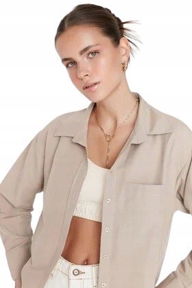 TRENDYOL BEŻOWA KOSZULA Z BAWEŁNĄ Z KOŁNIERZYKIEM I GUZIKAMI 38 5BA