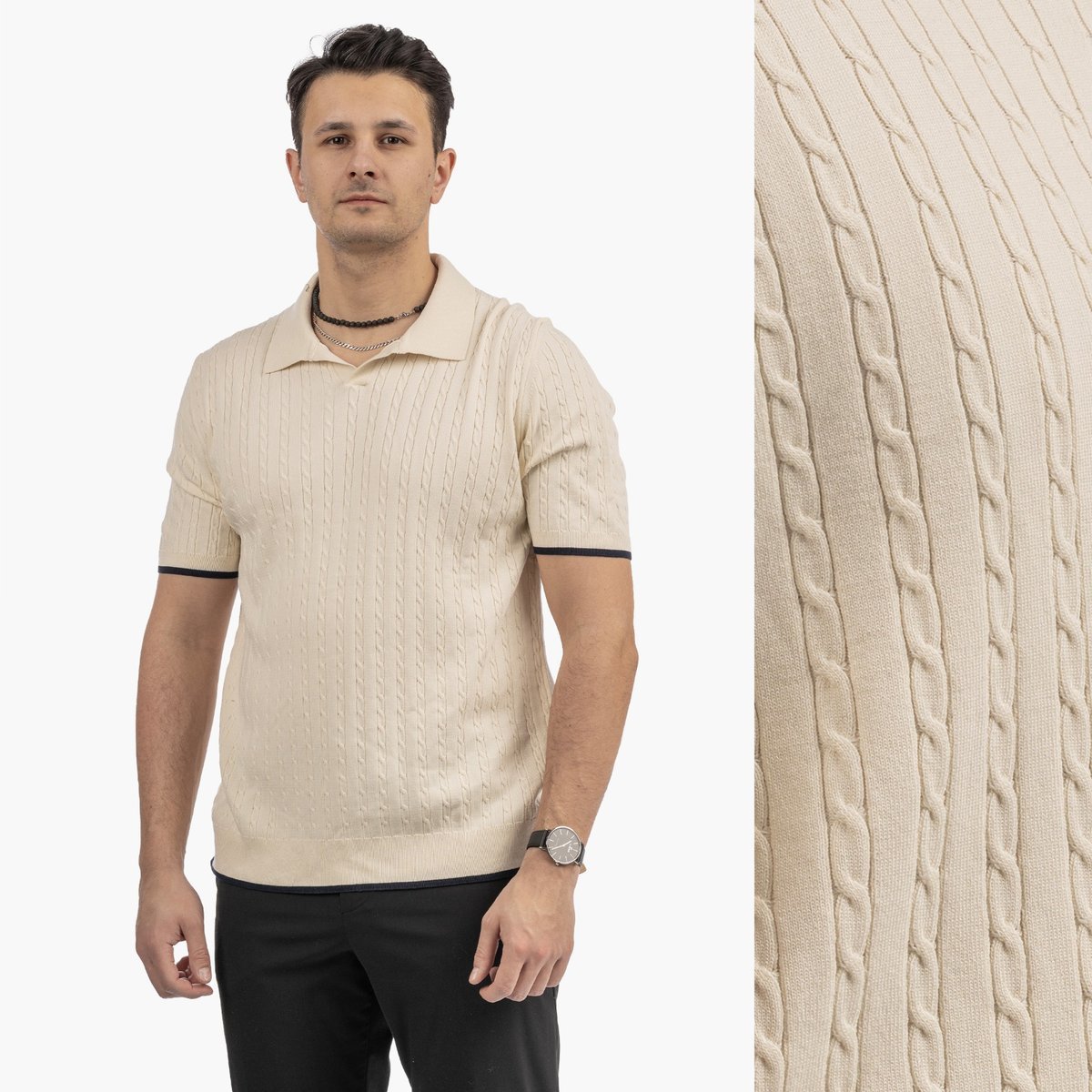 Koszulka Męska Polo Z Kołnierzykiem Dzianinowa Elegancka XL Beżowy