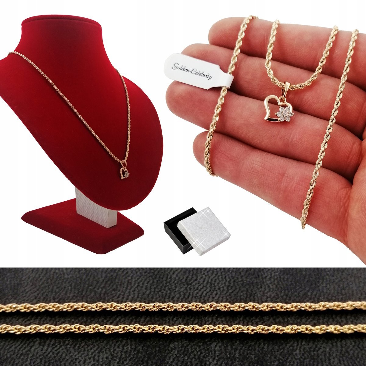 Złoty Naszyjnik Kordel+Serduszko Z Kwiatkiem 60 Cm