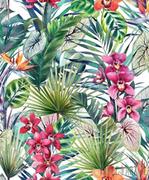 Tapety - Ładna Tapeta Ścienna Tropikalna Kwiaty Palmy - miniaturka - grafika 1