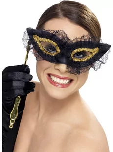 SMIFFYS Groty damskie maska na oczy z uchwytem, One Size, czarno-złoty,,,,, 34908 34908 - Stroje karnawałowe - miniaturka - grafika 1