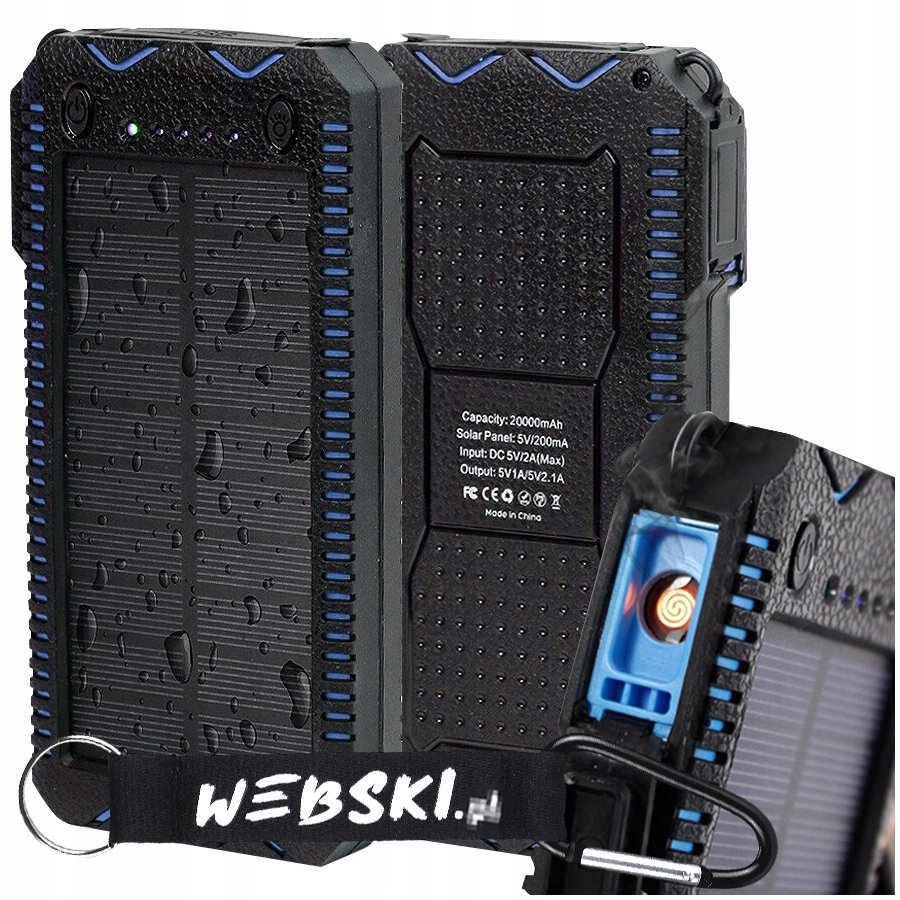 Powerbank Solarny 20000mAh Ładowarka Turystyczna Latarka Zapalniczka