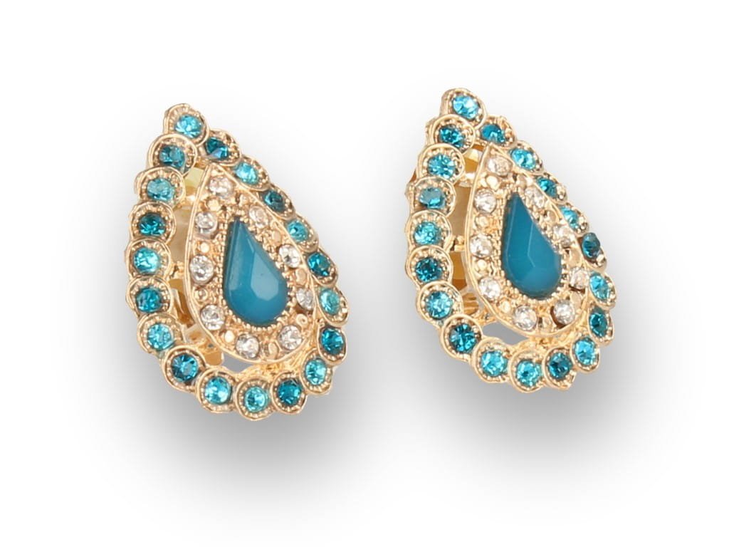 Klipsy do uszu złote z turkusowymi kryształkami łezki