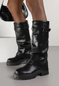Kozaki damskie - Czarne Kozaki VICES z Marszczoną Cholewką Imitującą Nogawkę ze Sprzączką Valles - Renee - miniaturka - grafika 1