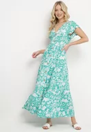 Sukienki - Miętowa Rozkloszowana Sukienka Maxi z Luźnym Rękawem w Kwiatowy Print Oxeria - miniaturka - grafika 1