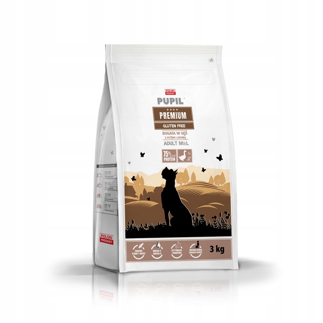 Karma sucha dla psa PUPIL FOODS Premium Gluten Free Medium&Large, bogata w gęś z ryżem i aronią, 3 kg