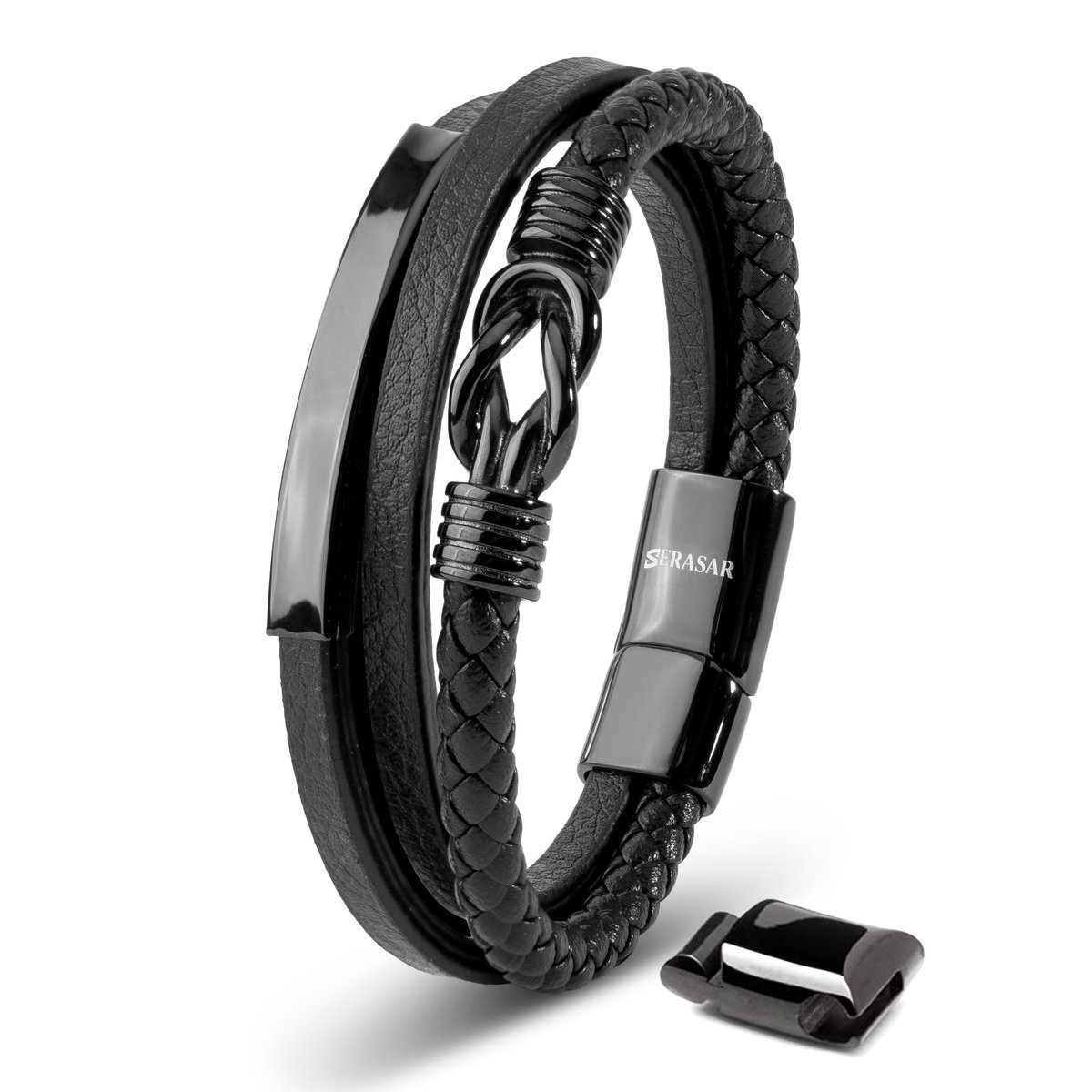 SERASAR, męska skórzana bransoletka „Proud”, czarna, 23 cm, ze stalowym zapięciem magnetycznym, idealny prezent urodzinowy dla brata lub ojca
