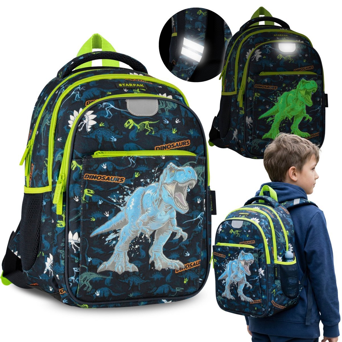 DINO T-Rex USZTYWNIANY plecak szkolny dla chłopca, ŚWIECĄCY w ciemności, CZTEROKOMOROWY 40x29x20cm, 23l