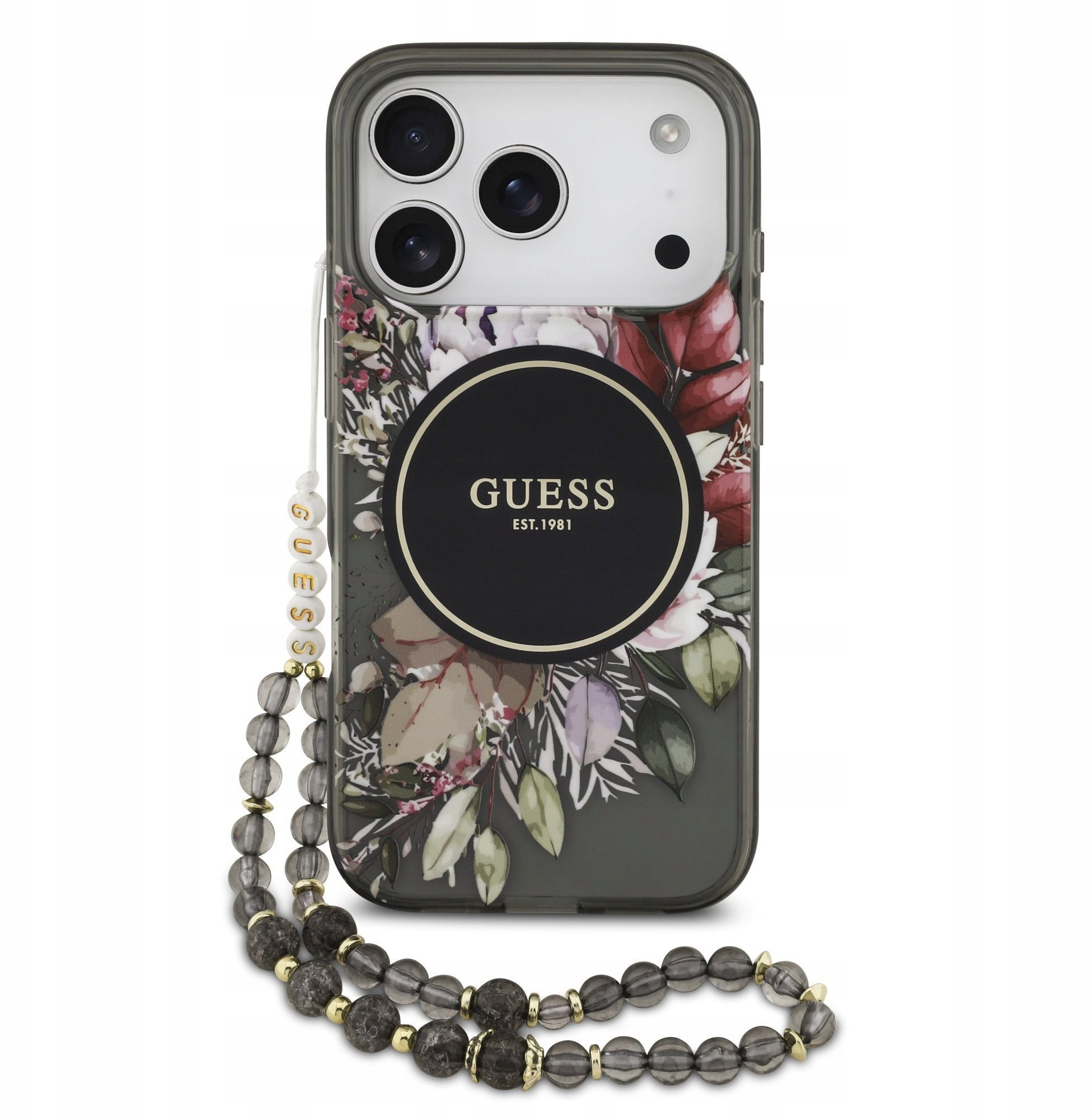 Etui Guess IML Flowers Pearl Strap MagSafe do iPhone 17 Pro czarny