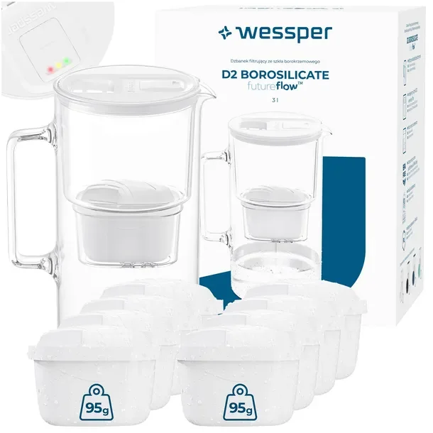 Szklany dzbanek filtrujący Wessper D2 BOROSILICATE 3l futureflow + 9x filtr