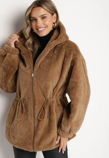Brązowa Futrzana Kurtka z Kapturem i Ściągaczem w Talii Werirani - Płaszcze damskie - miniaturka - grafika 1