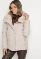 Kurtki damskie - Ciemnobeżowa Pikowana Kurtka z Kapturem i Kołnierzem z Futerkiem Typu Baranek Olandia - miniaturka - grafika 1