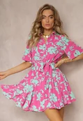 Sukienki - Różowo-Zielona Kwiecista Sukienka Mini w Koszulowym Stylu Tillsenta - Renee - miniaturka - grafika 1
