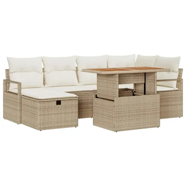 Zestaw sof ogrodowych modułowych, beżowy, rattan naturalny, 6 elementów