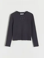 Bluzki dla dziewczynek - Reserved - Prążkowana bluzka z haftem - ciemnoszary - miniaturka - grafika 1