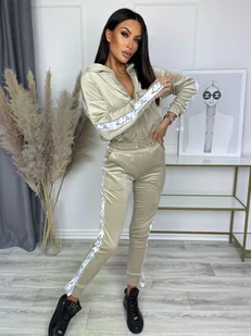 KLASYCZNY WELUROWY DRES PREMIUM LA PERLA Z LAMPASAMI BLUZA+SPODNIE - BEŻOWY - Spodnie sportowe damskie - miniaturka - grafika 1
