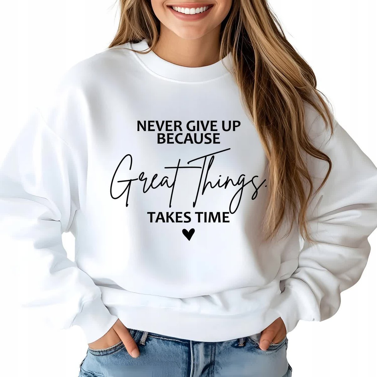 Bluza Damska Biała NEVER GIVE UP Cytaty Stylowe Wzory Prezent Rozmiar M