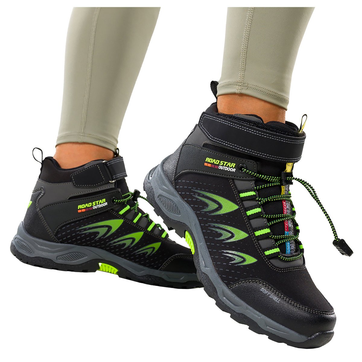 Czarne buty trekkingowe damskie na bieżnikowanej podeszwie z regulowaną elastyczną sznurówką seledynowe wstawki softshell Casu 2310-9W-41