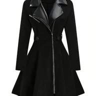 Kurtki damskie - TEMU Damski, modny, casualowy płaszcz w stylu vintage na Halloween, z PU, z dużym, rozkloszowanym kołnierzem. - miniaturka - grafika 1