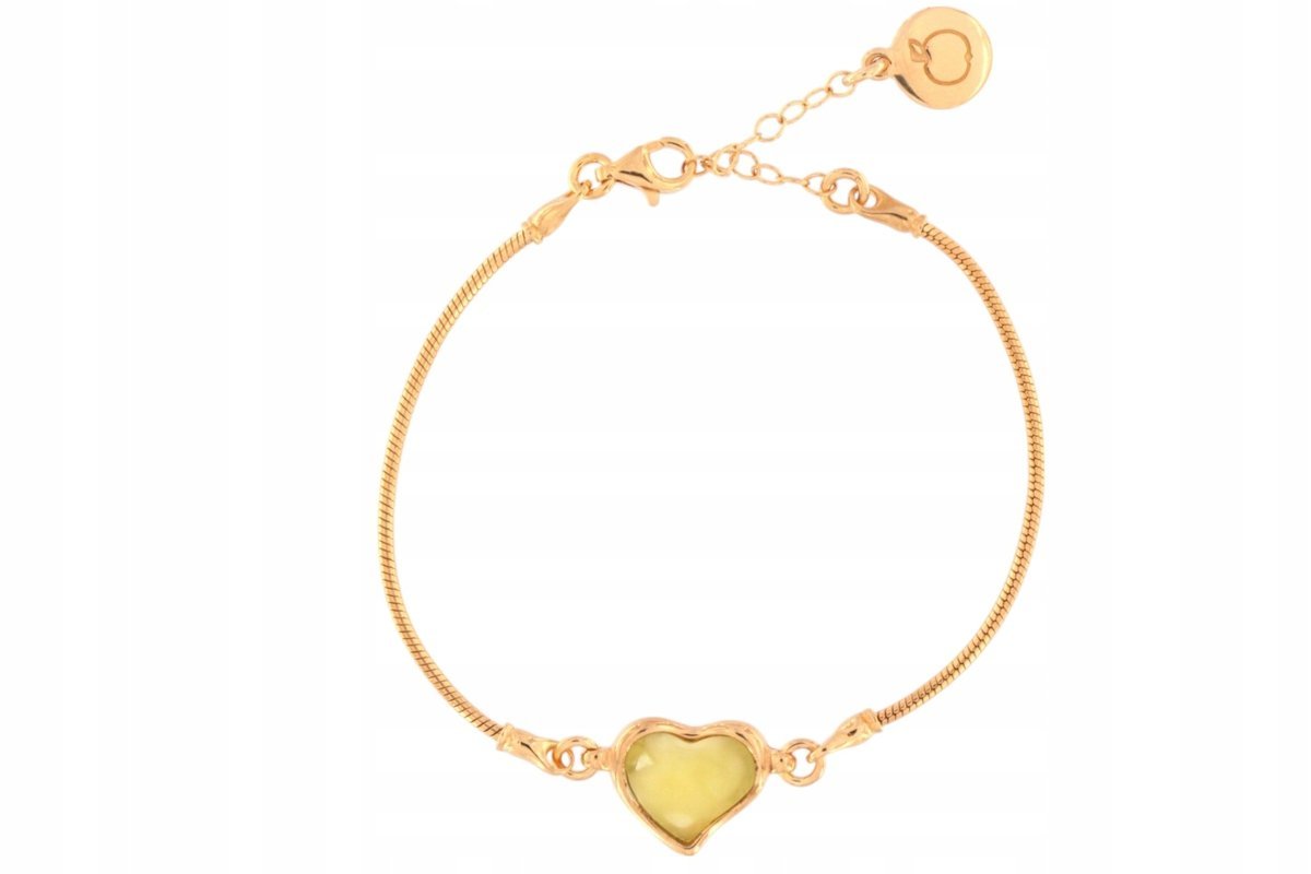 Bransoletka srebrna pozłacana z bursztynowym mlecznym sercem - regulowana