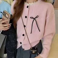 Swetry damskie - TEMU Koreański Styl Wszechstronny Słodki Kardigan z Koronką, Sweter-Płaszcz na Wiosnę i Jesień z Akademickim Szykiem - miniaturka - grafika 1