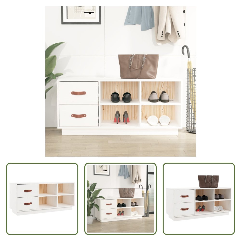 The Living Store Ławka na buty biała 100x34x45 cm lite drewno sosnowe