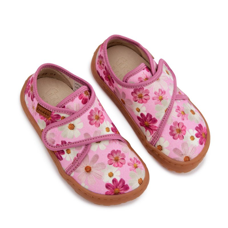 Kapcie Dziecięce Dziewczęce Na Rzep Barefoot Kwiatki Froddo G1700438-8 Różowe 33-32