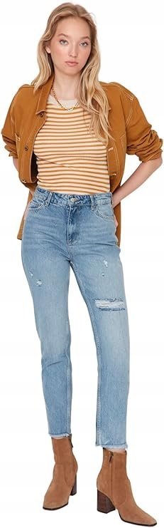 TRENDYOL JEANSY MOM JEANS PROSTE Z PRZETARCIAMI BAWEŁNA 38 JPA