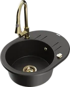 Zlewozmywaki z baterią - Mexen Kevin zlewozmywak granitowy 1-komorowy z ociekaczem i baterią kuchenną Elia, czarny/złoty metalik - 6517-75-670101-50 - miniaturka - grafika 1