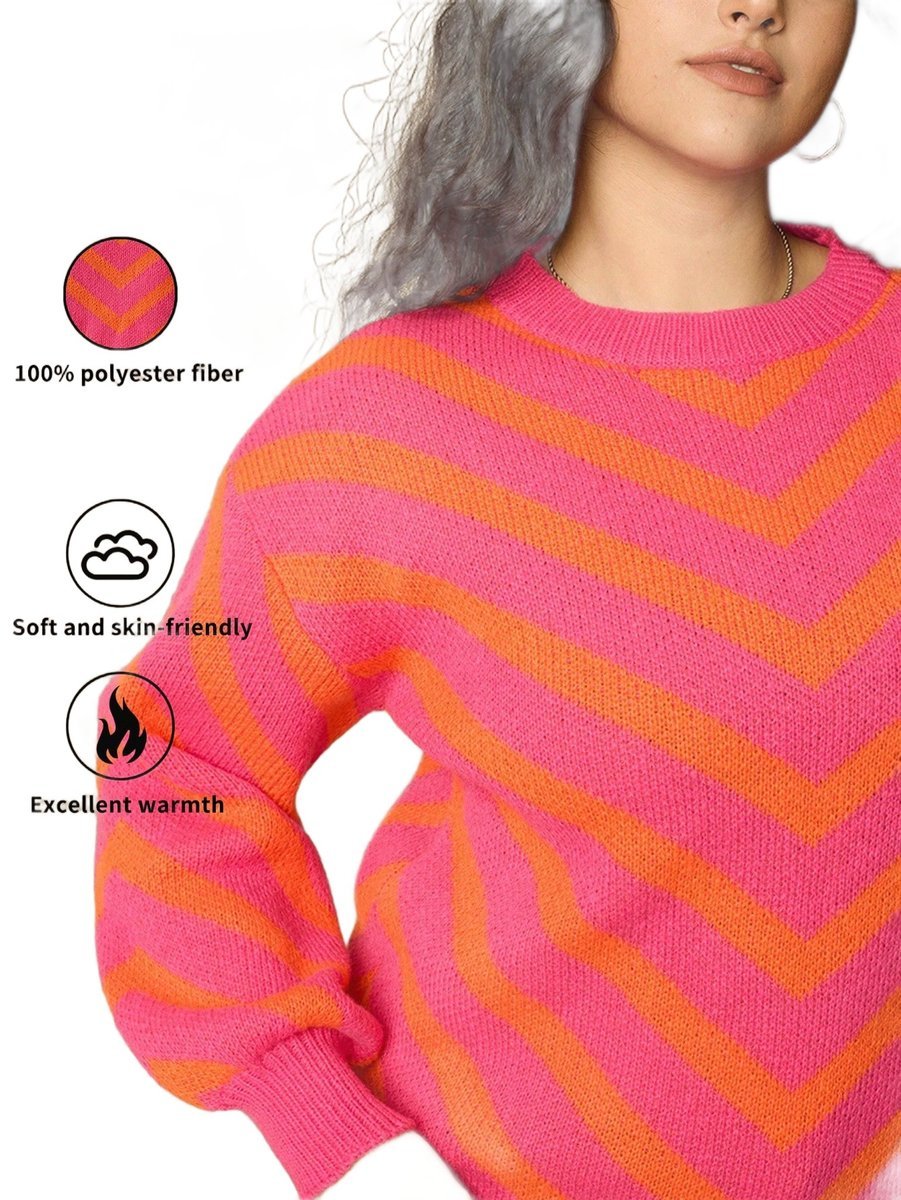 SWETER DAMSKI RÓŻOWO POMARAŃCZOWY W PASKI Z OKRĄGŁYM DEKOLTEM 44 1LA