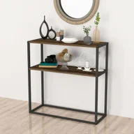 Konsole i sekretarzyki - Stolik konsola Hemsedal Stolik kawowy z 2 półkami wykonany z metalu i płyty wiórowej Półka do przechowywania 90 x 90 x 33,5 cm Stolik do przedpokoju Stolik wejściowy w industrialnym stylu dąb, antyczny - miniaturka - grafika 1