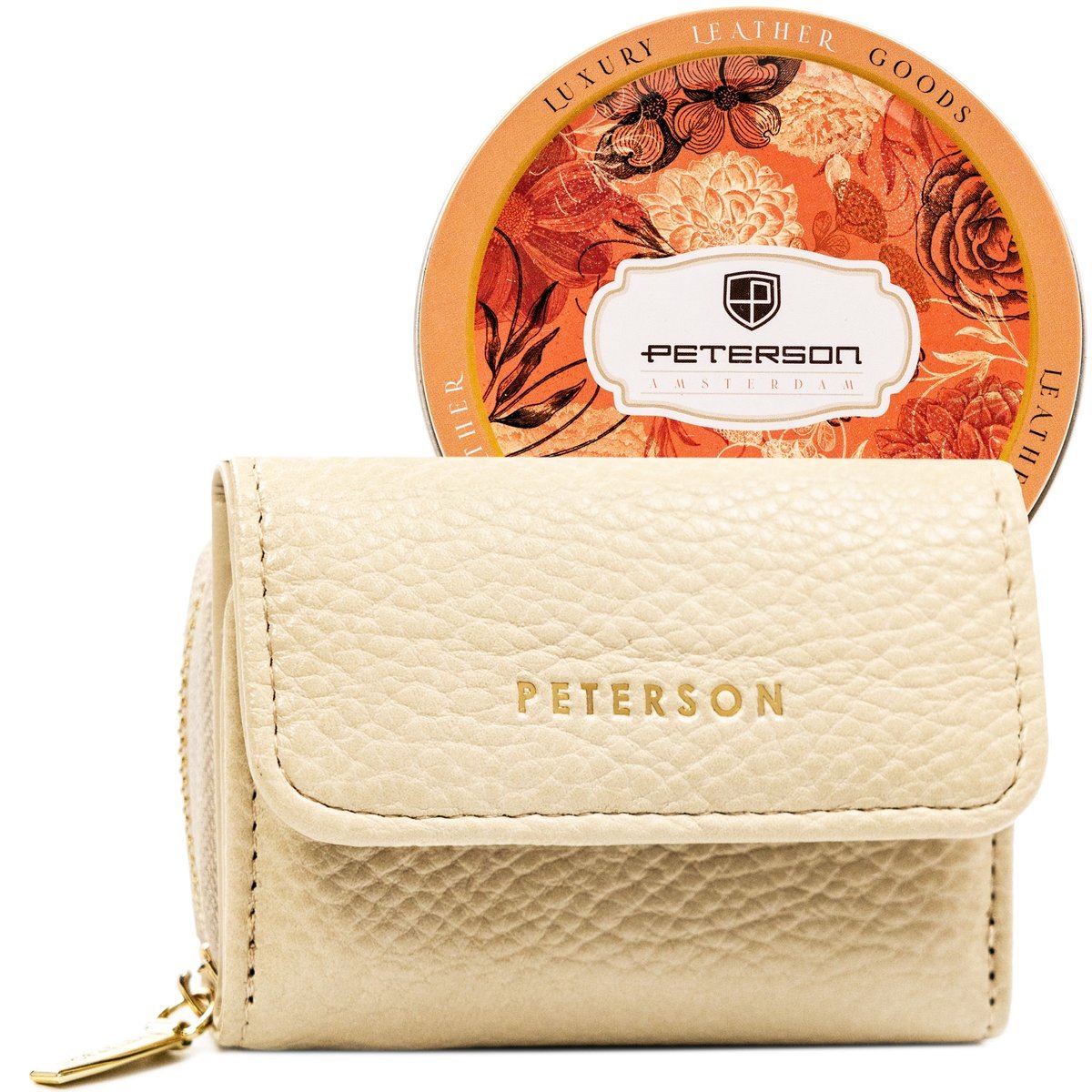 Portfel damski ze skóry ekologicznej mały beżowy elegancki na zatrzask i suwak na prezent ochrona RFID PETERSON