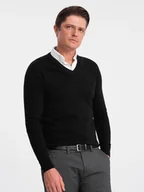 Swetry męskie - Sweter męski z dekoltem "w serek" z koszulowym kołnierzykiem - czarny V1 OM-SWSW-0102 - Ombre Clothing - miniaturka - grafika 1