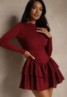 Sukienki - Bordowa Sukienka Longsleeve o Rozkloszowanym Kroju z Falbanką Reline - miniaturka - grafika 1