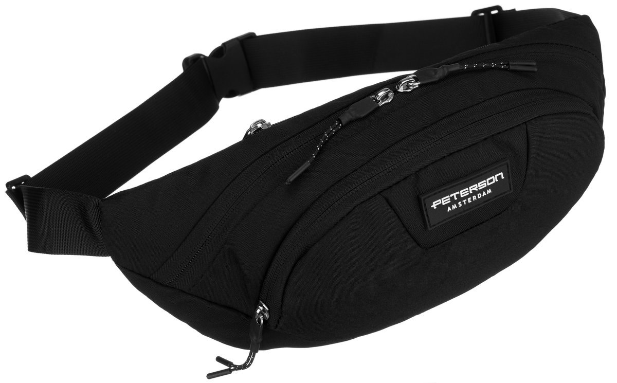 Czarna saszetka nerka unisex miejska crossbody PETERSON kieszonki na suwak regulowany pasek na biodra lub przez ramię
