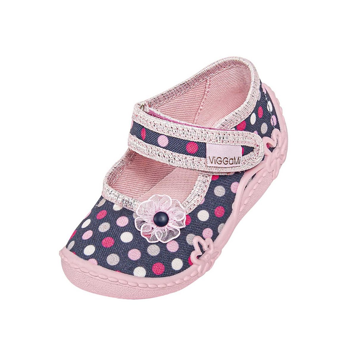 Dziewczęce kapcie w groszki z kwiatkiem 3D jeansowe