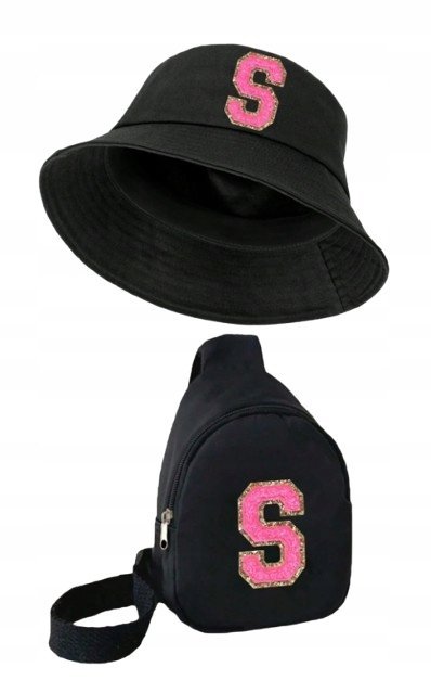 SHEIN CZARNA CZAPKA BUCKET Z RÓŻOWĄ NASZYWKĄ S ORAZ TOREBKA 122-152 1HA
