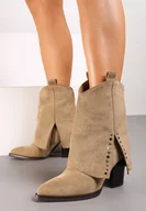 Botki damskie - Ciemnobeżowe Botki na Obcasie w Kształcie Stożka z Wywiniętą Cholewką Ozdobione Cyrkoniami Moveiana - miniaturka - grafika 1