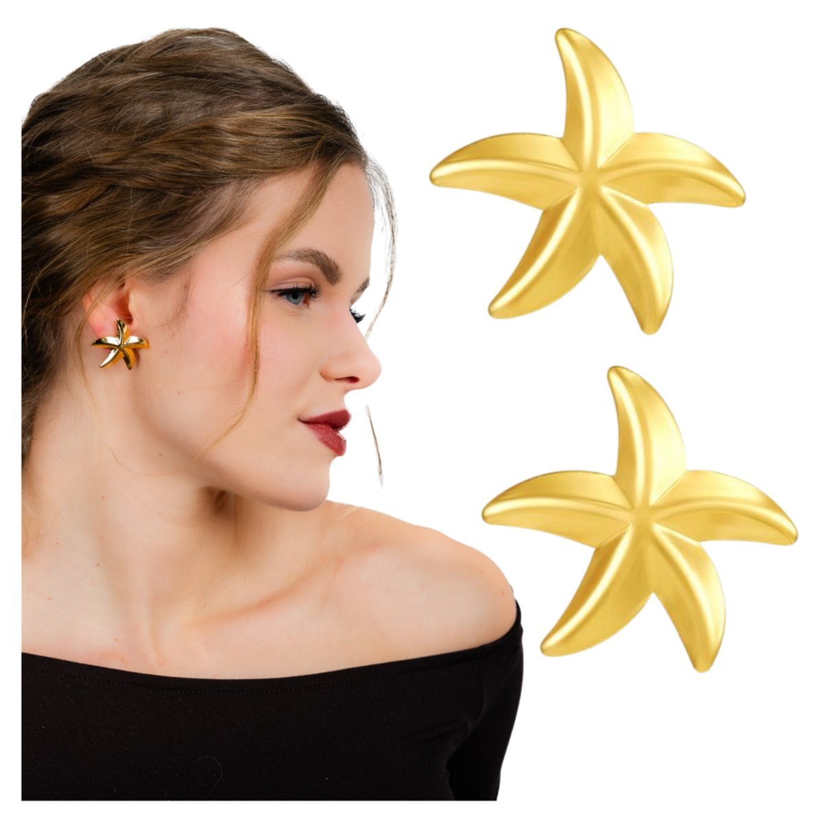 Kolczyki Sztyfty Złote Rozgwiazdy Stal Chirurgiczna 316L Pozłacane Lekkie