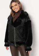 Kurtki damskie - Czarna Kurtka Biker z Kożuszkiem Burena - miniaturka - grafika 1