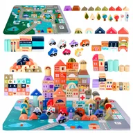 Klocki - Klocki Drewniane Miasto Zestaw + Puzzle Mata 115 Elementów Kreatywna Zabawa - miniaturka - grafika 1