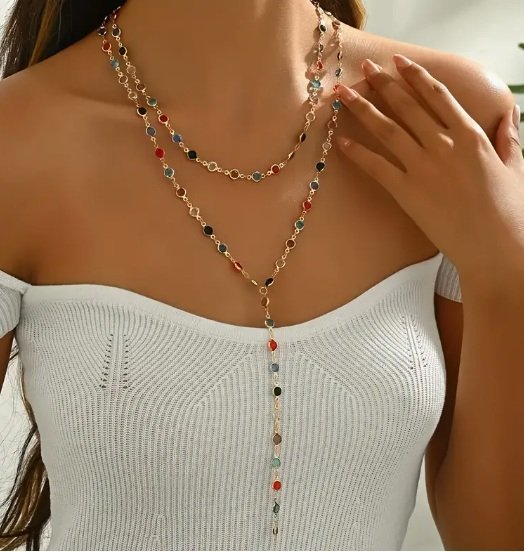 Długi Naszyjnik Damski w Stylu Boho – Złoty z Kolorowymi Koralikami N-6